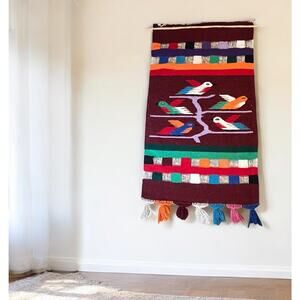 VINTAGE HANDWOVEN Wool Rug Wall Tapestry MEXICAN ZAPOTEC Tree Of Life 51” x 28”